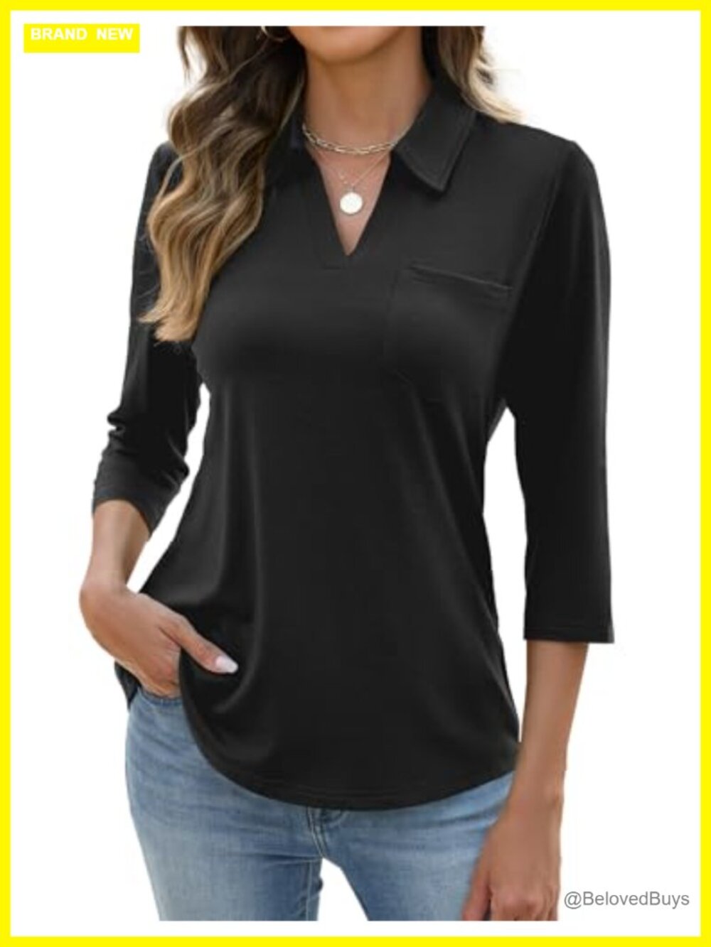 Womens 3/4 Sleeve V Neck Polo Shirt Collared Casual Work Top with Pocket